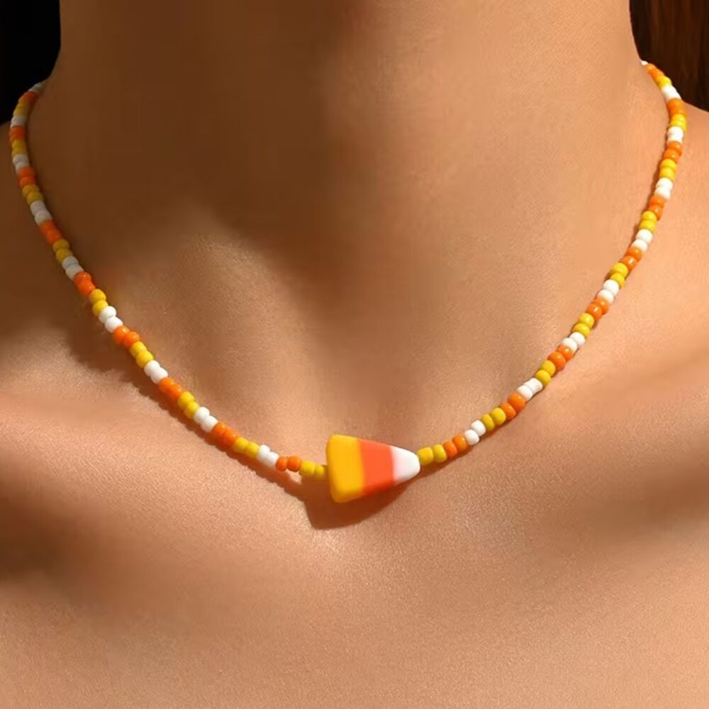 Candy Corn Glass Beaded Necklace Halloween Orange/Yellow Pendant Adjust 17.7"